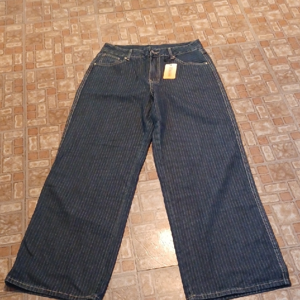 Forever 21 Women's Dark Blue Pinstripe Wide-Leg Jeans Size 30